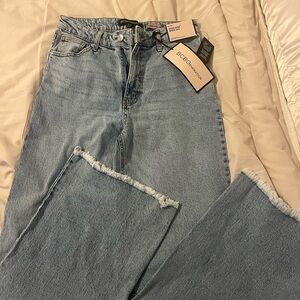 BCBG Light Blue High-Rise Wide Leg Jeans with Frayed Hem